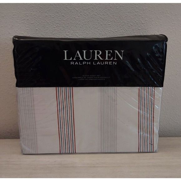 Ralph Lauren MARLEY STRIPE Cream Multi 100% Cotton Queen Sheet Set Bedding - Picture 1 of 10